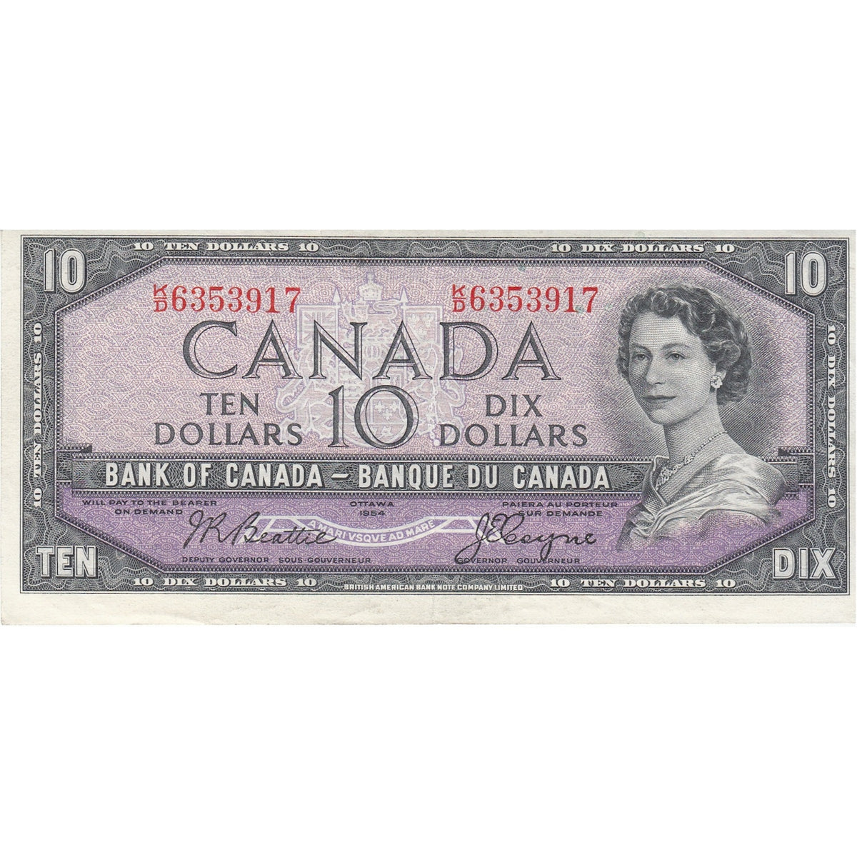 BC-40a 1954 Canada $10 Beattie-Coyne, K/D, VF-EF (VF30)