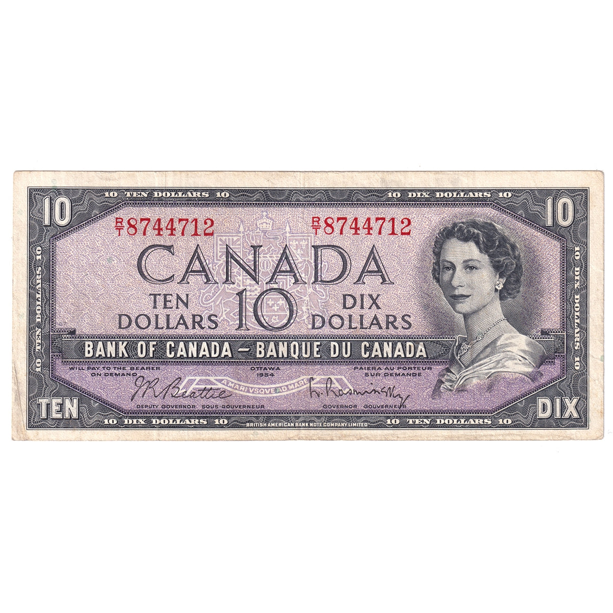 BC-40b 1954 Canada $10 Beattie-Rasminsky, R/T, F-VF (F15)