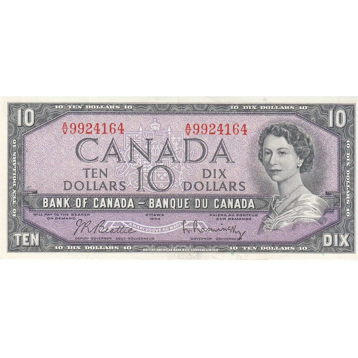 BC-40b 1954 Canada $10 Beattie-Rasminsky, A/V, VF-EF (VF30)