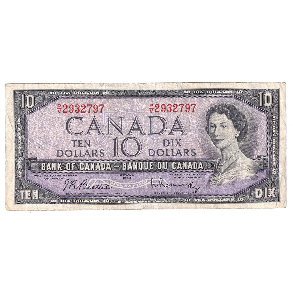 BC-40b 1954 Canada $10 Beattie-Rasminsky, P/V, F-VF (F15)