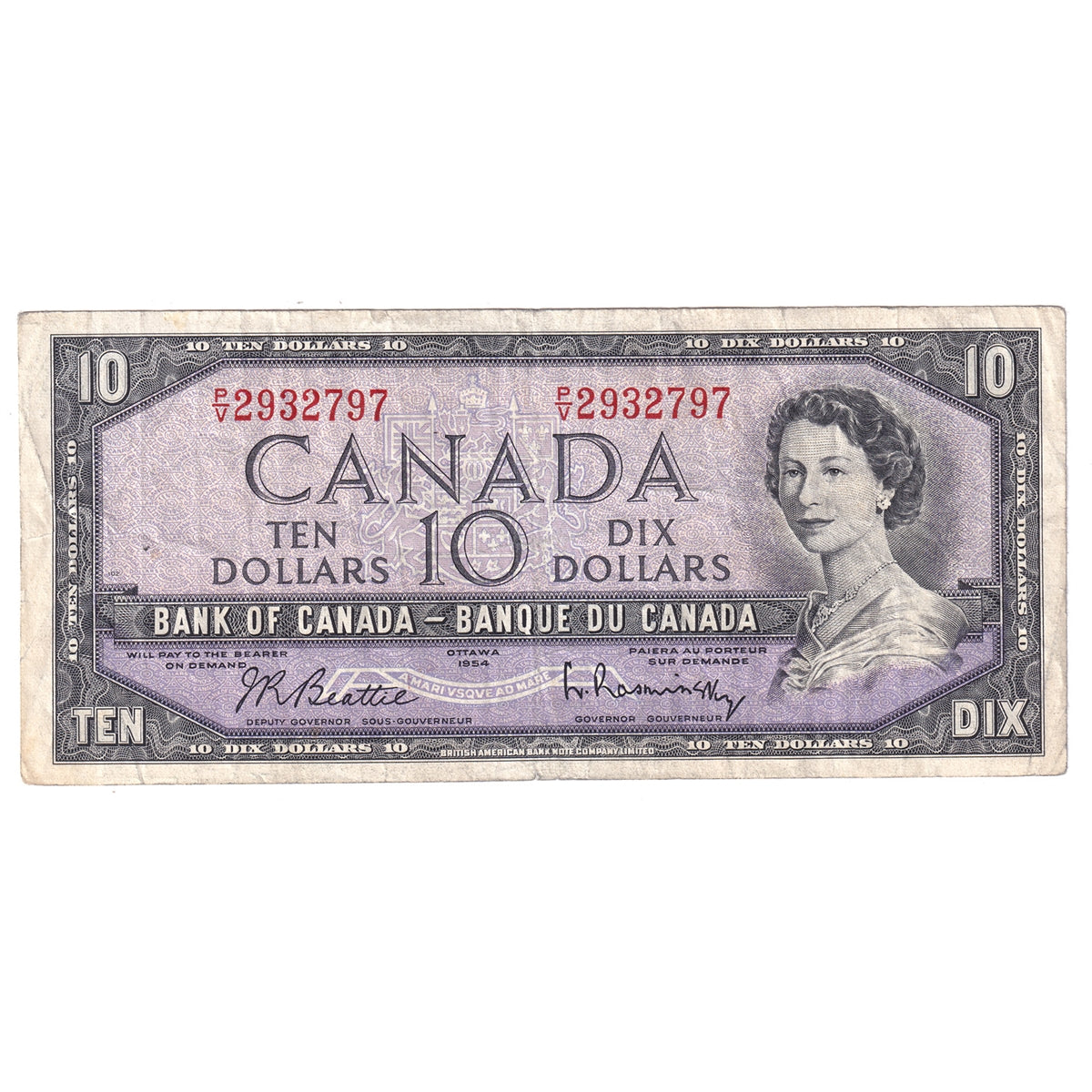 BC-40b 1954 Canada $10 Beattie-Rasminsky, P/V, F-VF (F15)