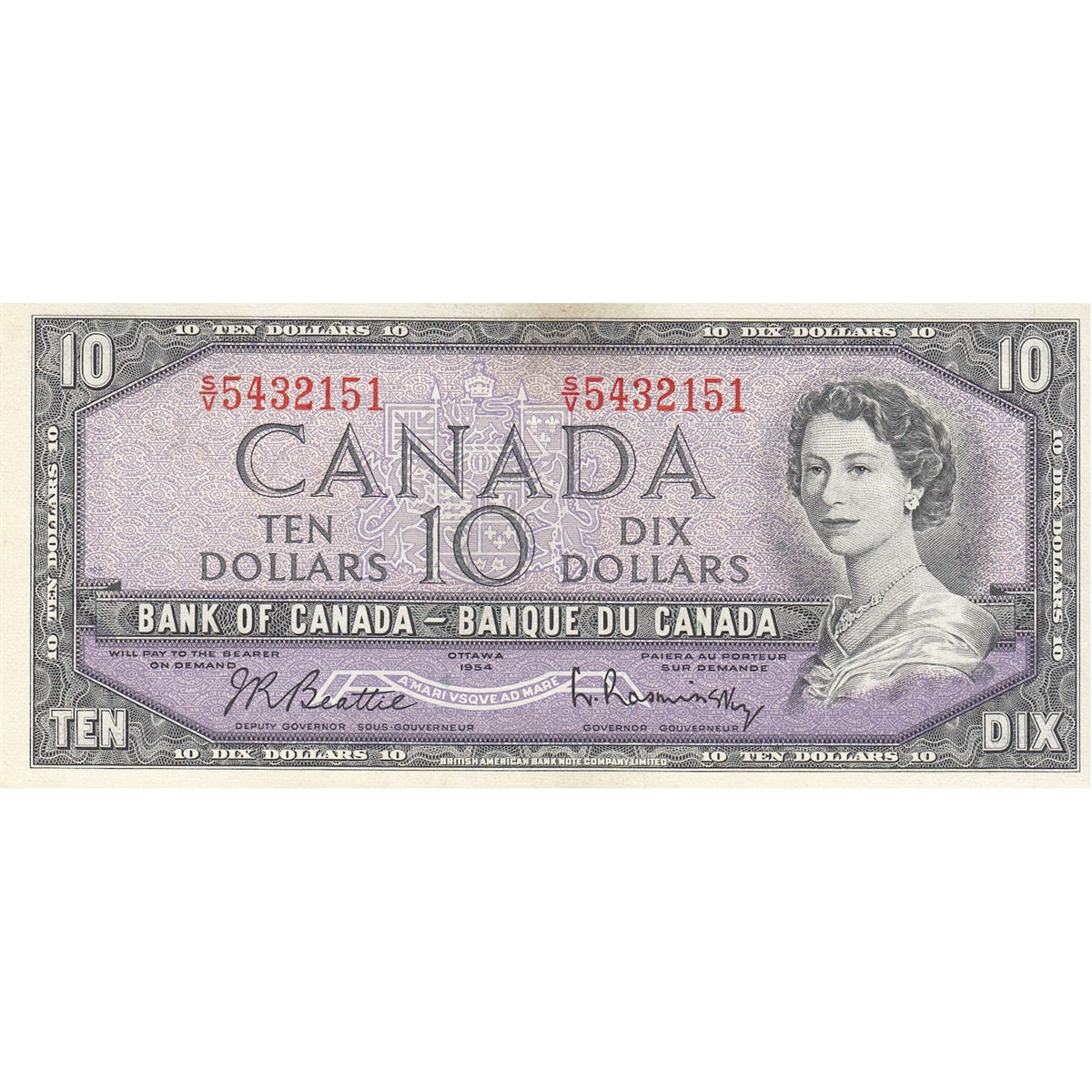 BC-40b 1954 Canada $10 Beattie-Rasminsky, S/V, Almost Uncirculated (AU50)