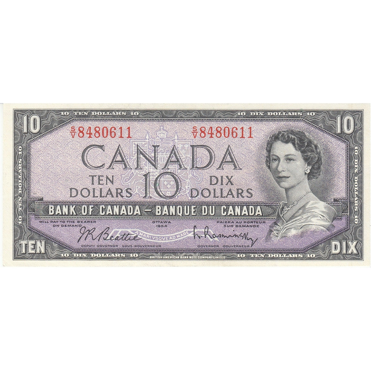 BC-40b 1954 Canada $10 Beattie-Rasminsky, S/V, EF