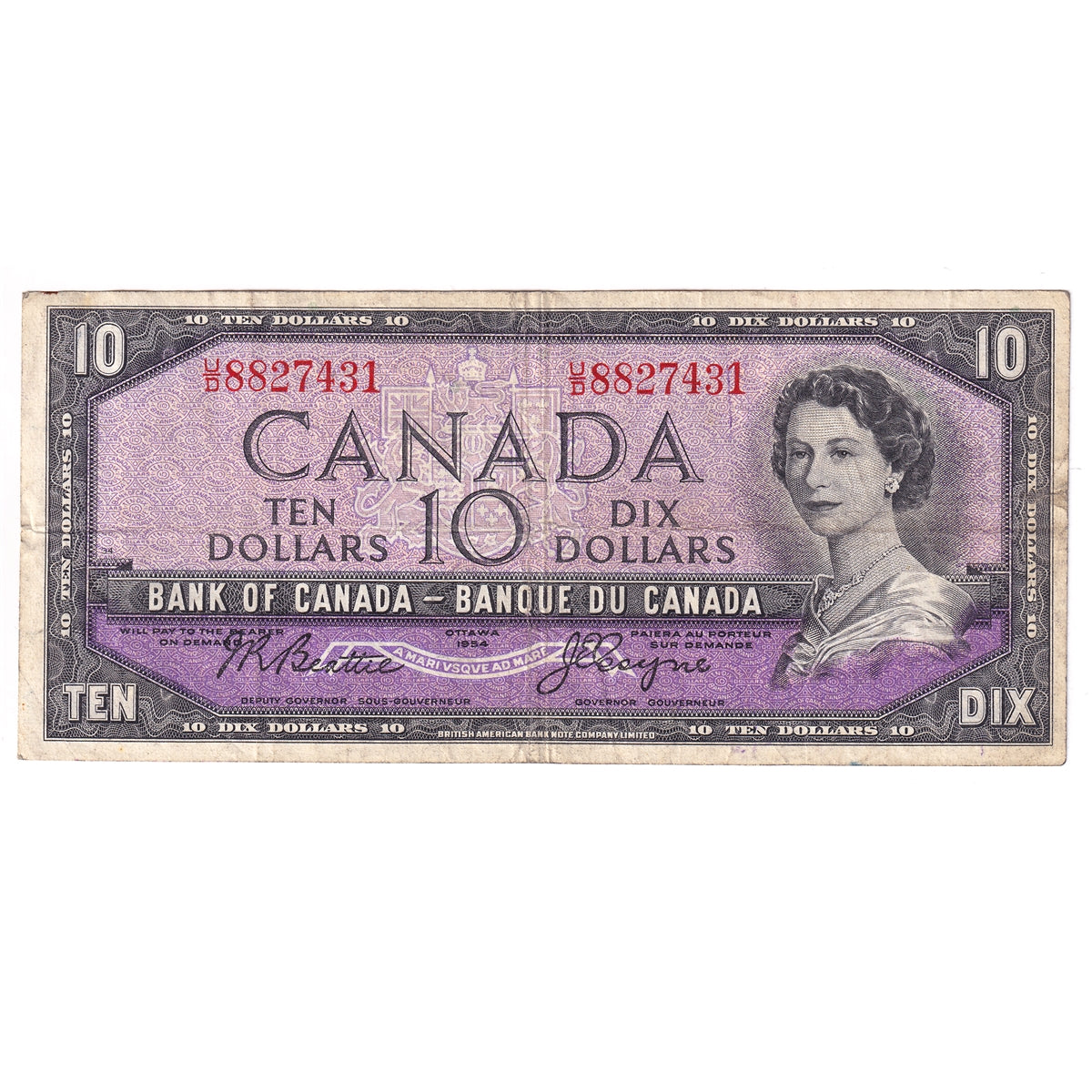 BC-40a 1954 Canada $10 Beattie-Coyne, U/D, F-VF (F15)