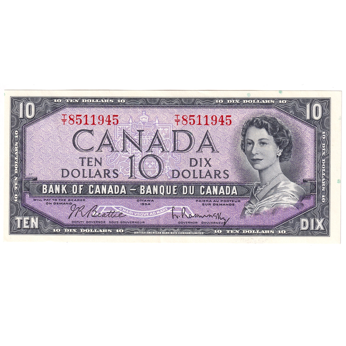 BC-40b 1954 Canada $10 Beattie-Rasminsky, T/T, Almost Uncirculated (AU50)