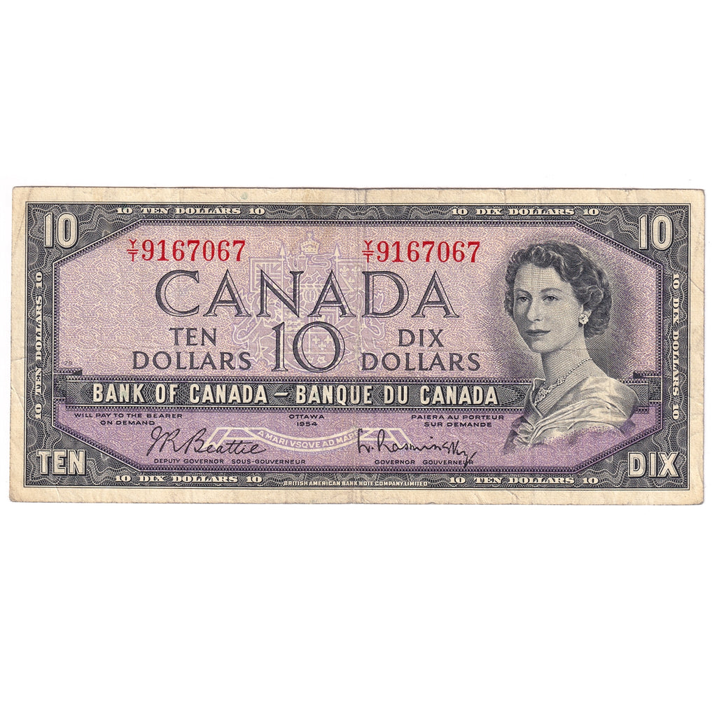 BC-40b 1954 Canada $10 Beattie-Rasminsky, Y/T, Fine (F12)