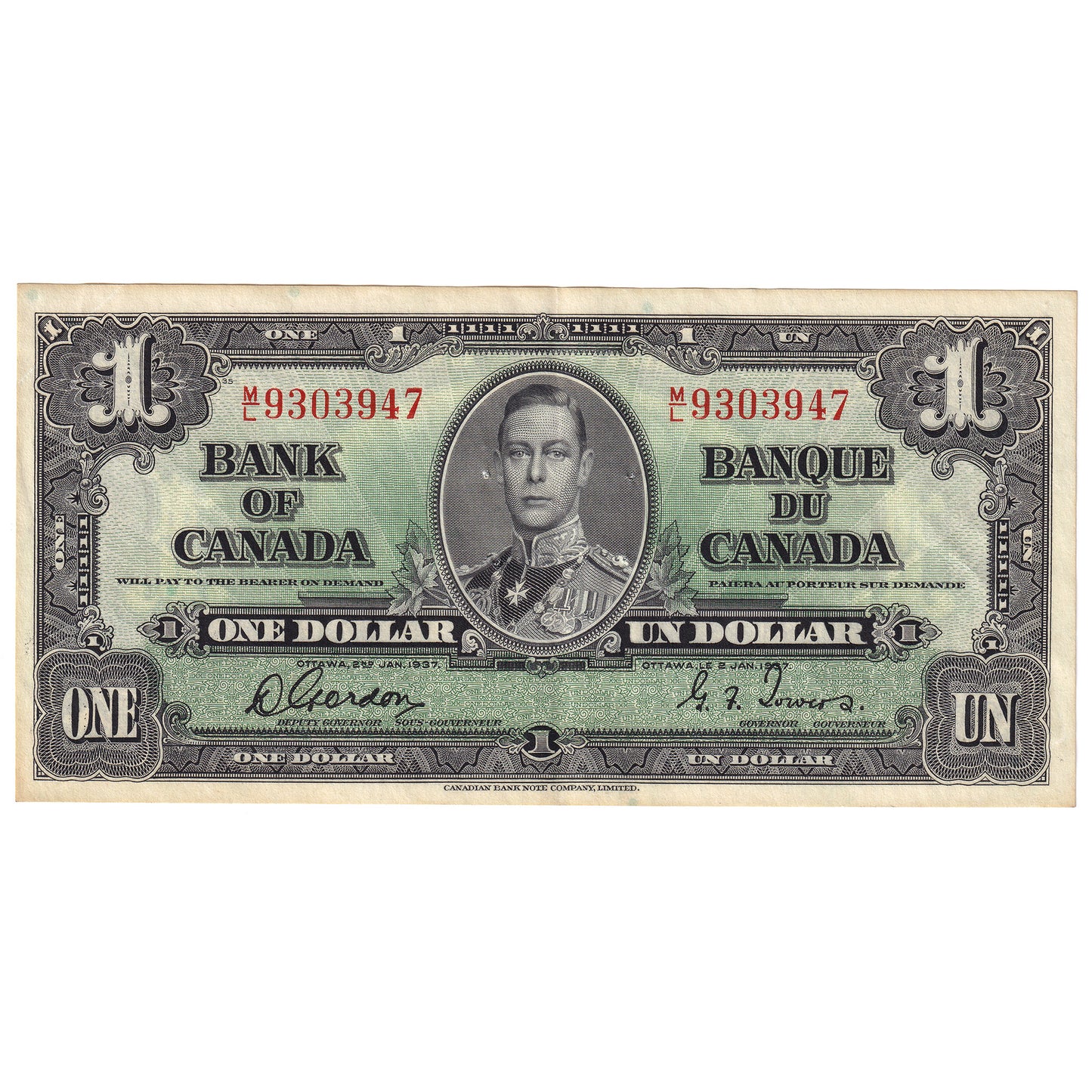BC-21c 1937 Canada $1 Gordon-Towers, M/L, EF-AU (EF45)