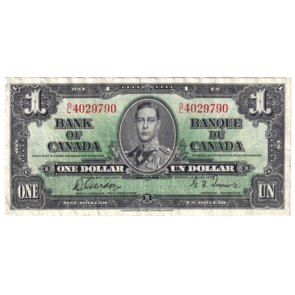 BC-21c 1937 Canada $1 Gordon-Towers, O/L, Very Fine (VF20)