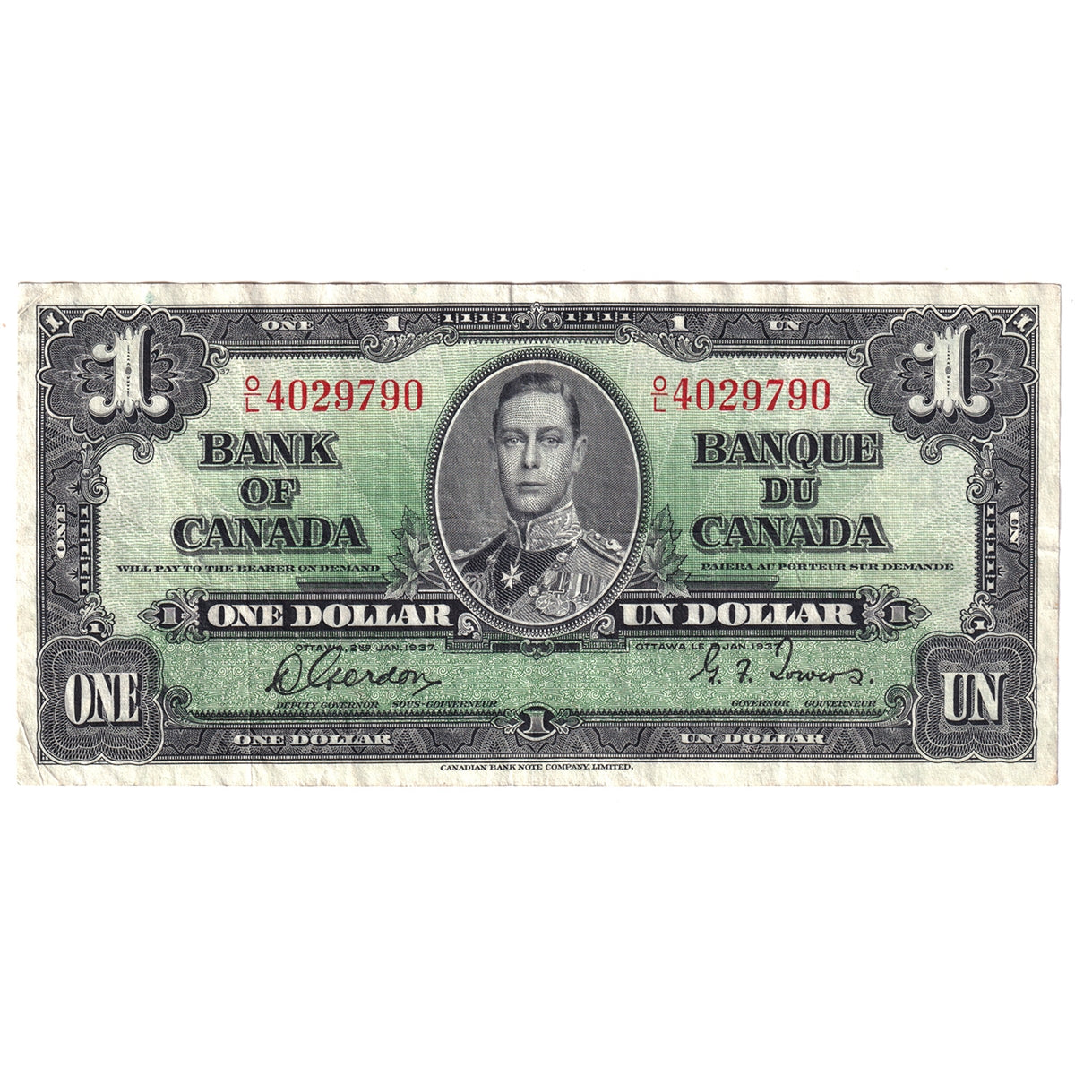 BC-21c 1937 Canada $1 Gordon-Towers, O/L, Very Fine (VF20)