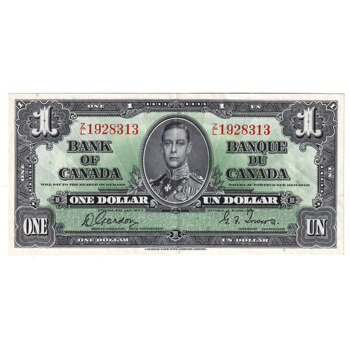BC-21c 1937 Canada $1 Gordon-Towers, Z/L, EF-AU (EF45)