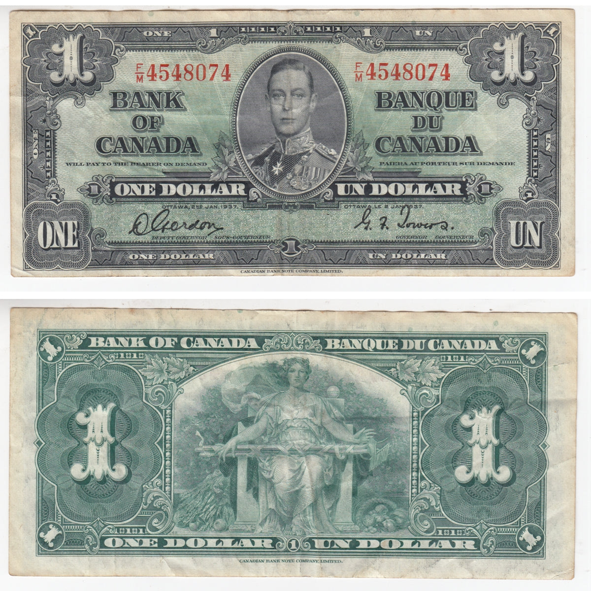 BC-21c 1937 Canada $1 Gordon-Towers, F/M, VF-EF (VF30)