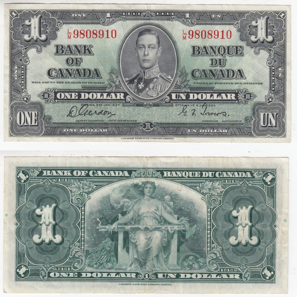 BC-21c 1937 Canada $1 Gordon-Towers, L/M, VF-EF (VF30)