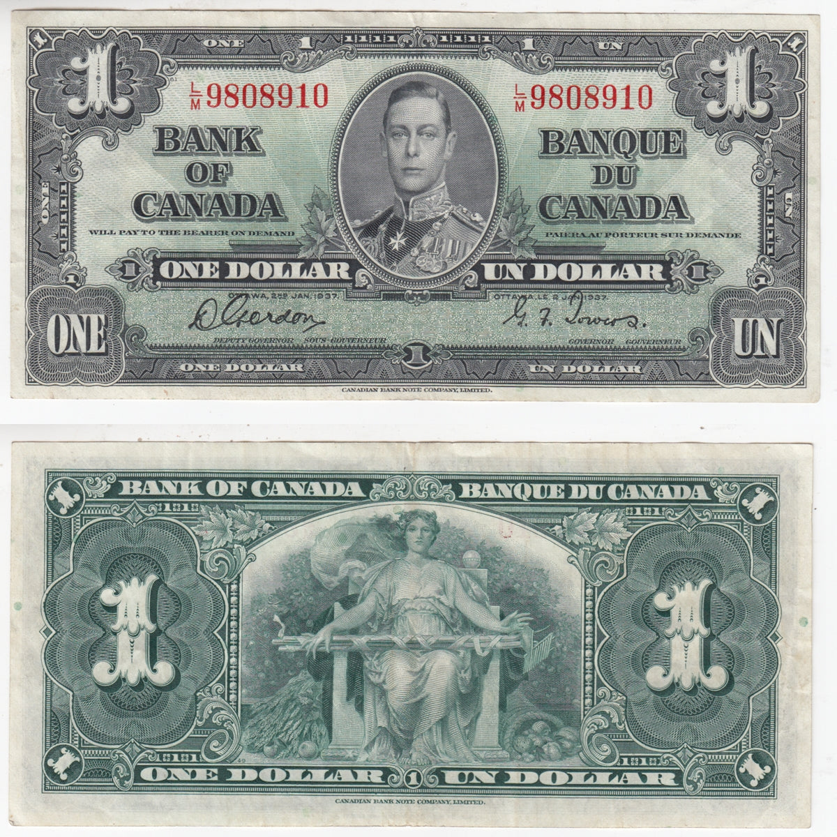 BC-21c 1937 Canada $1 Gordon-Towers, L/M, VF-EF (VF30)