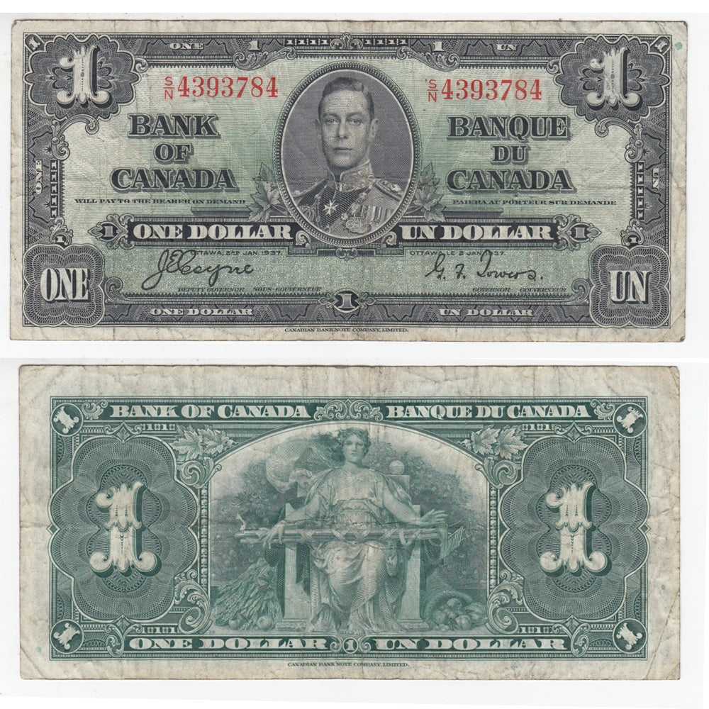 BC-21d 1937 Canada $1 Coyne-Towers, S/N, F-VF