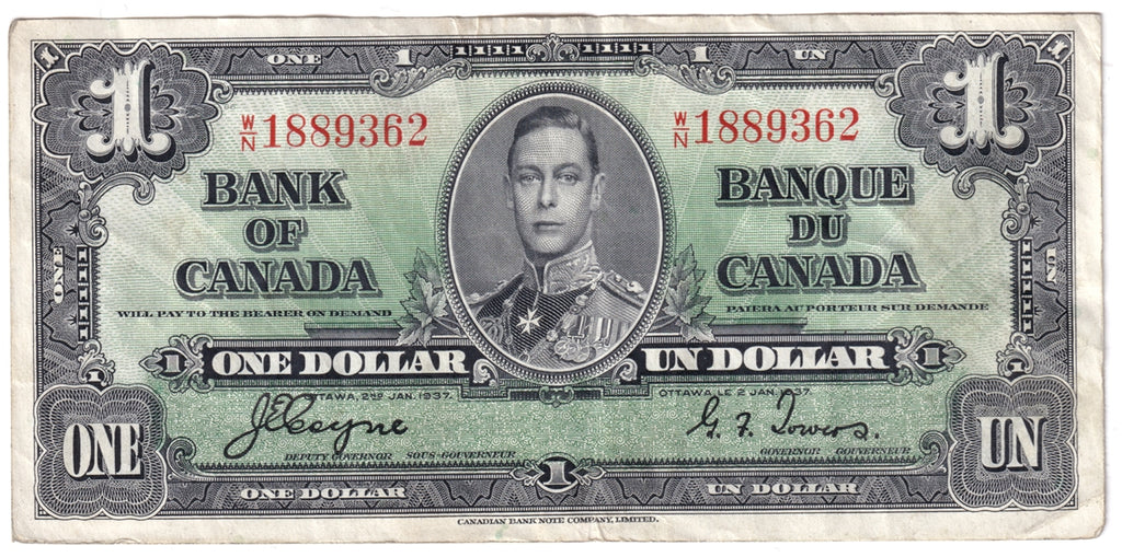 BC-21d 1937 Canada $1 Coyne-Towers, W/N, VF-EF (VF30)