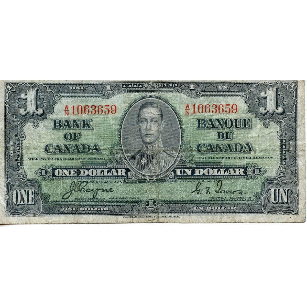 BC-21d 1937 Canada $1 Coyne-Towers, W/N, VG-F (VG10)