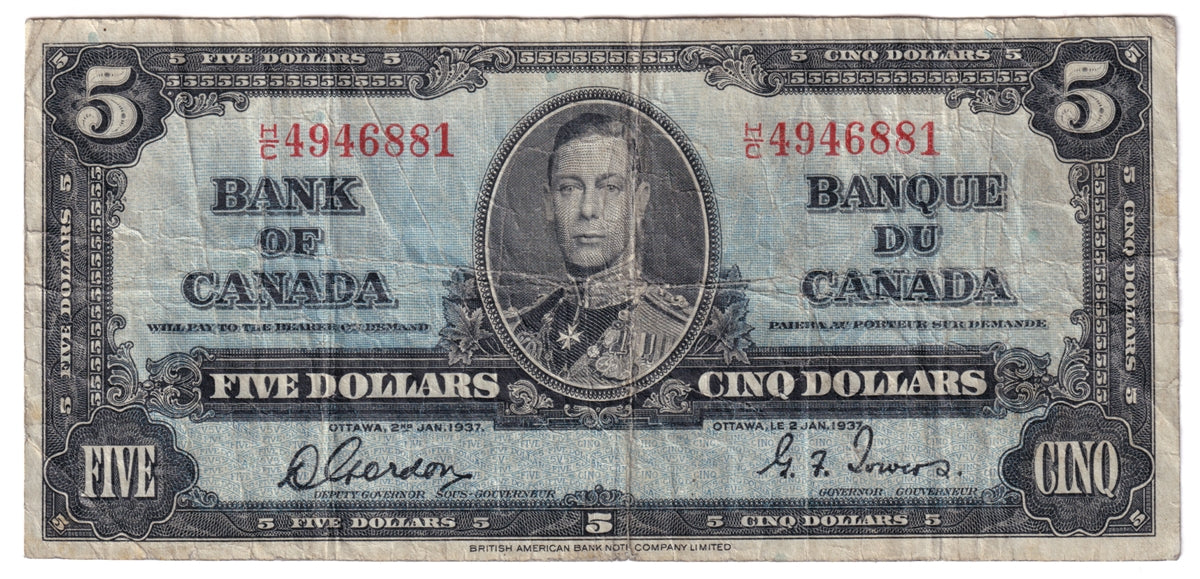 BC-23b 1937 Canada $5 Gordon-Towers, H/C, VG-F (VG10)