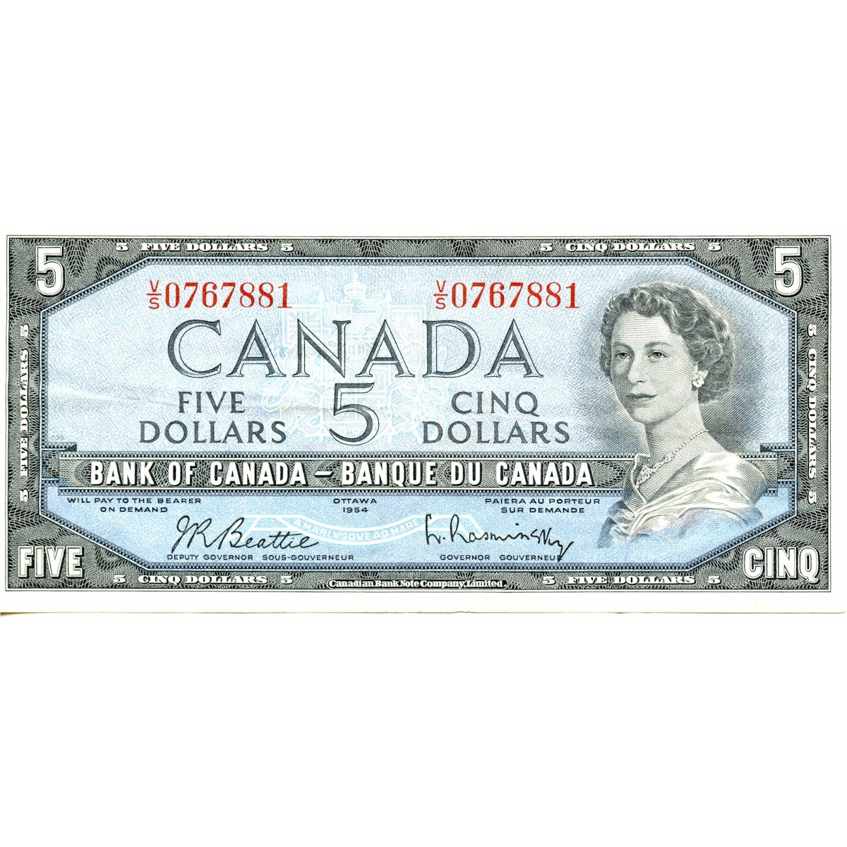 BC-39b 1954 Canada $5 Beattie-Rasminsky, V/S, Very Fine (VF20)