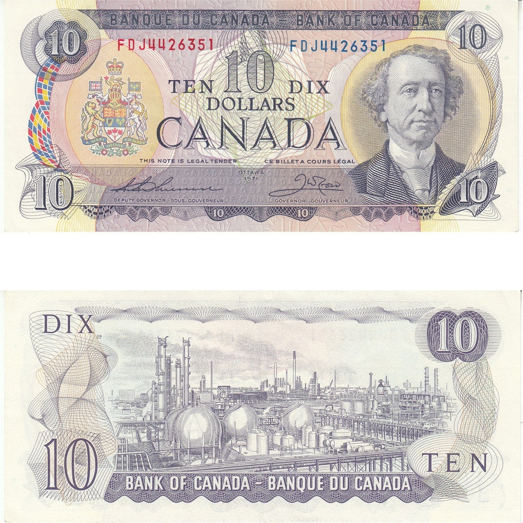 BC-49e 1971 Canada $10 Thiessen-Crow, FDJ, Almost Uncirculated (AU50)