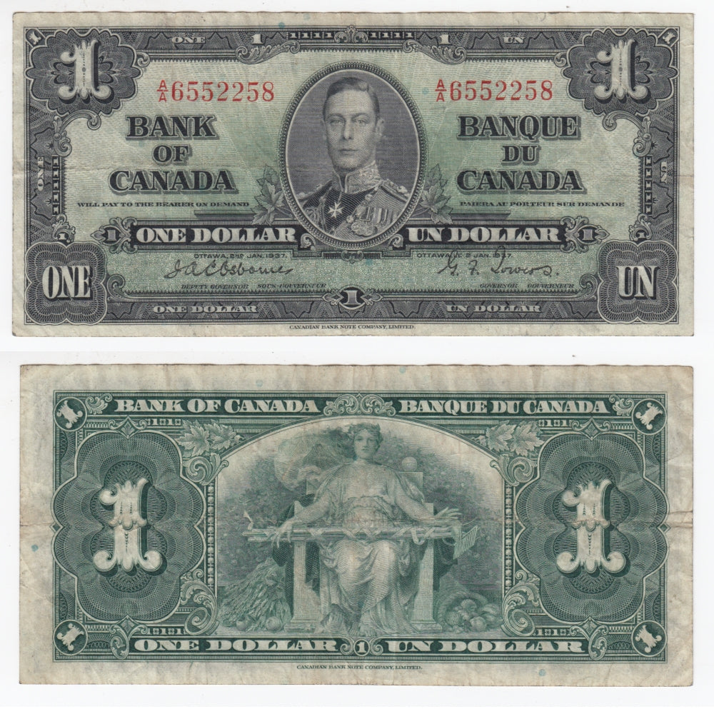 BC-21a 1937 Canada $1 Osborne-Towers, A/A, F-VF (F15)