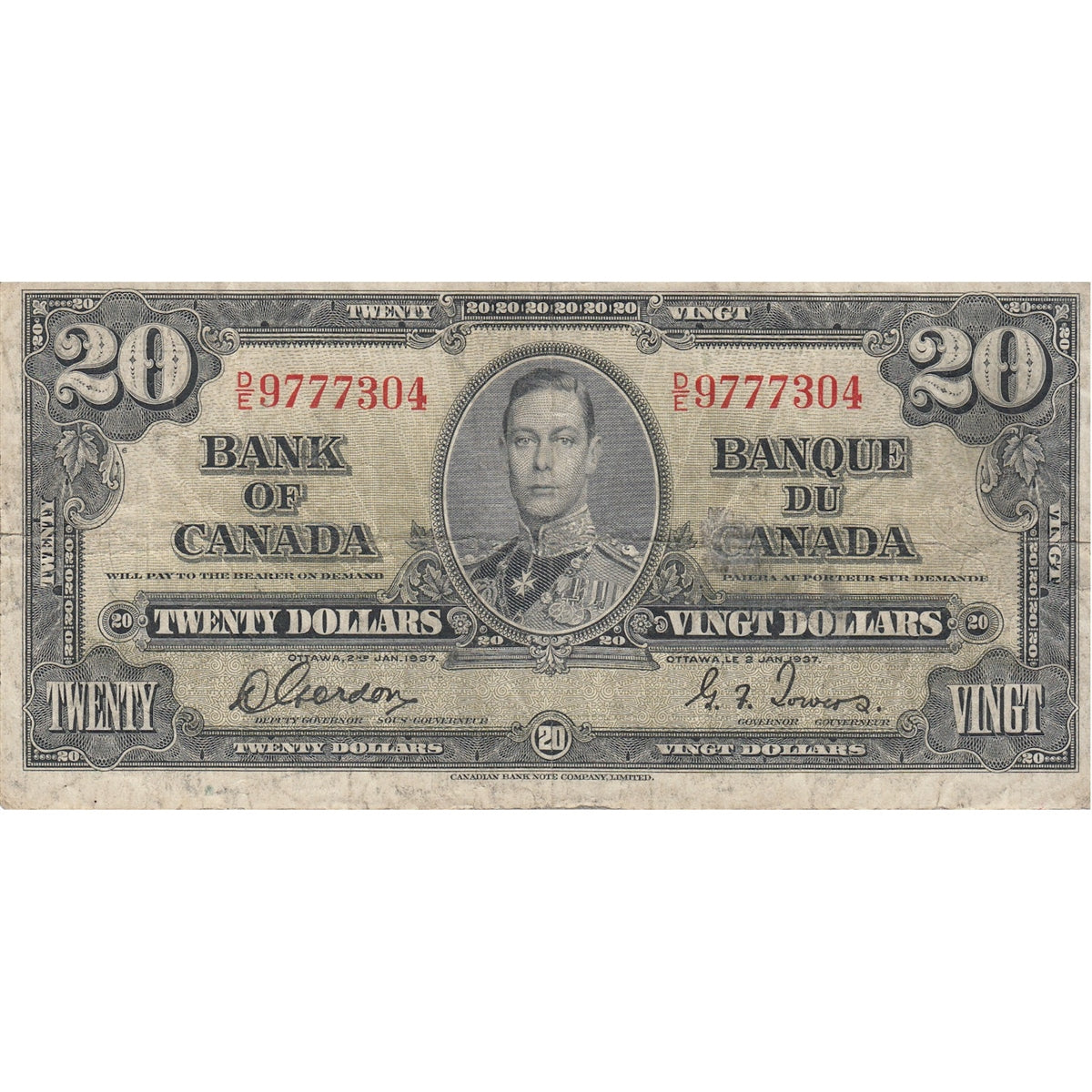 BC-25b 1937 Canada $20 Gordon-Towers, D/E, VG-F (VG10)