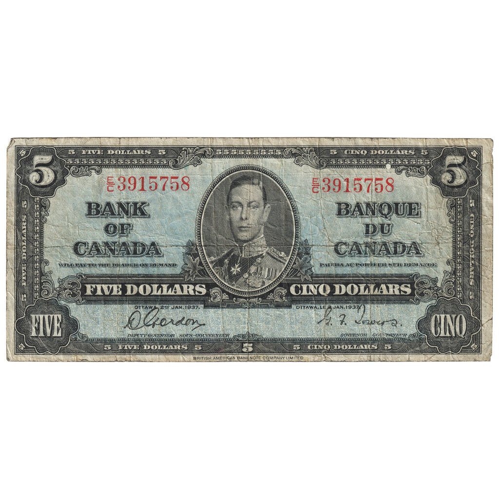 BC-23b 1937 Canada $5 Gordon-Towers, E/C, Very Good (VG8)