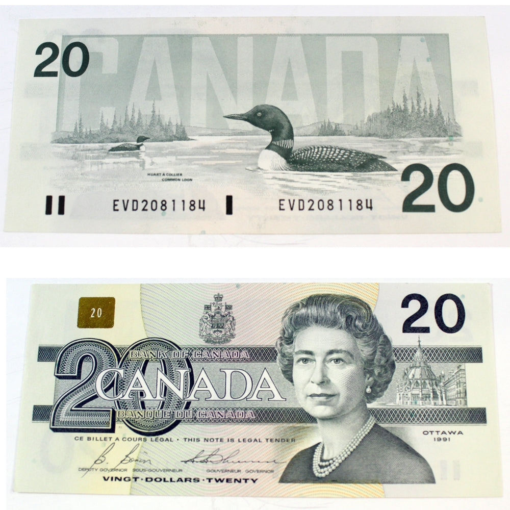 BC-58b 1991 Canada $20 Bonin-Thiessen, EVD with BPN, Almost Uncirculated (AU50)