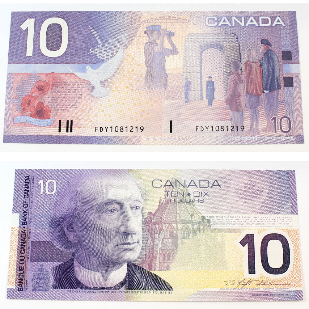BC-63a 2001 Canada $10 Knight-Thiessen, FDY, Almost Uncirculated (AU50)