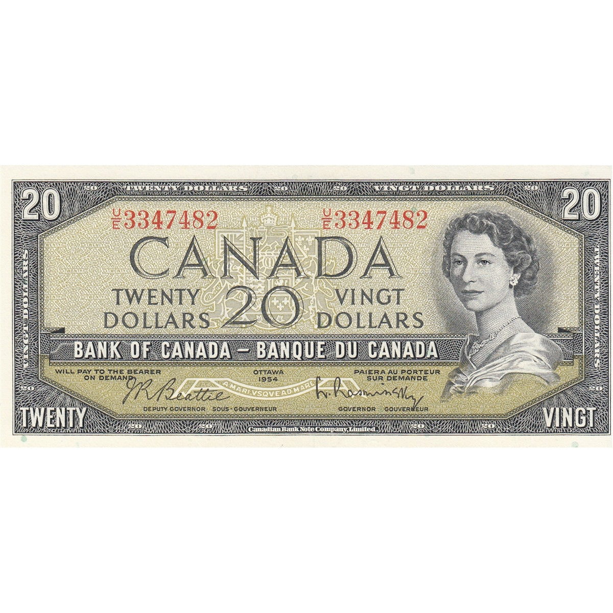 BC-41b 1954 Canada $20 Beattie-Rasminsky, U/E, Almost Uncirculated (AU50)