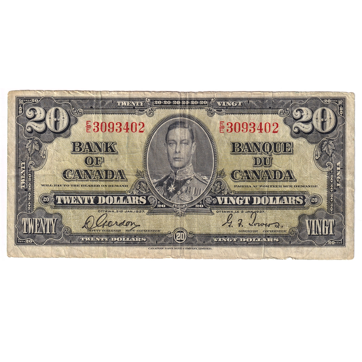 BC-25b 1937 Canada $20 Gordon-Towers, E/E, Circ