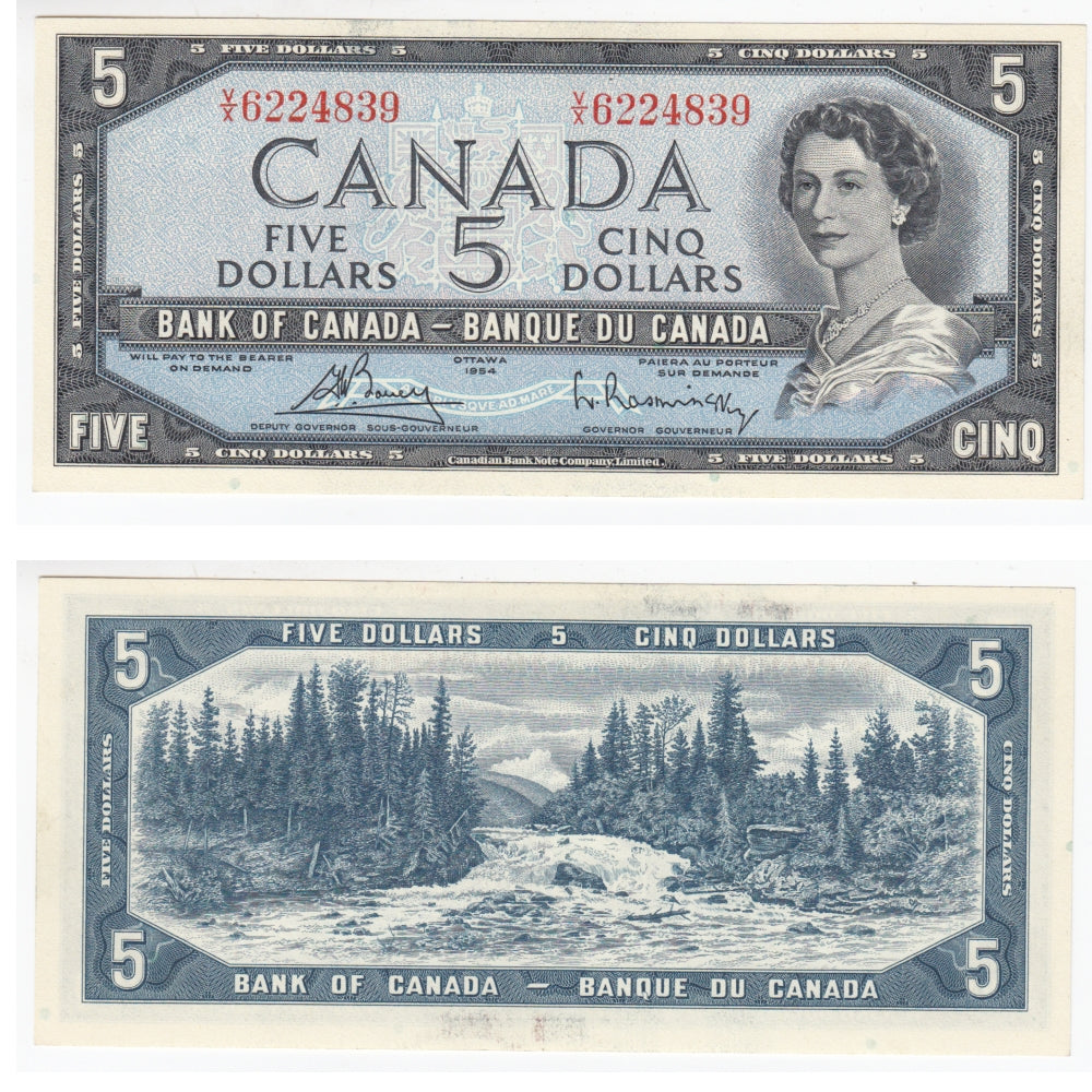 BC-39c 1954 Canada $5 Bouey-Rasminsky, V/X, AU-UNC (AU55)