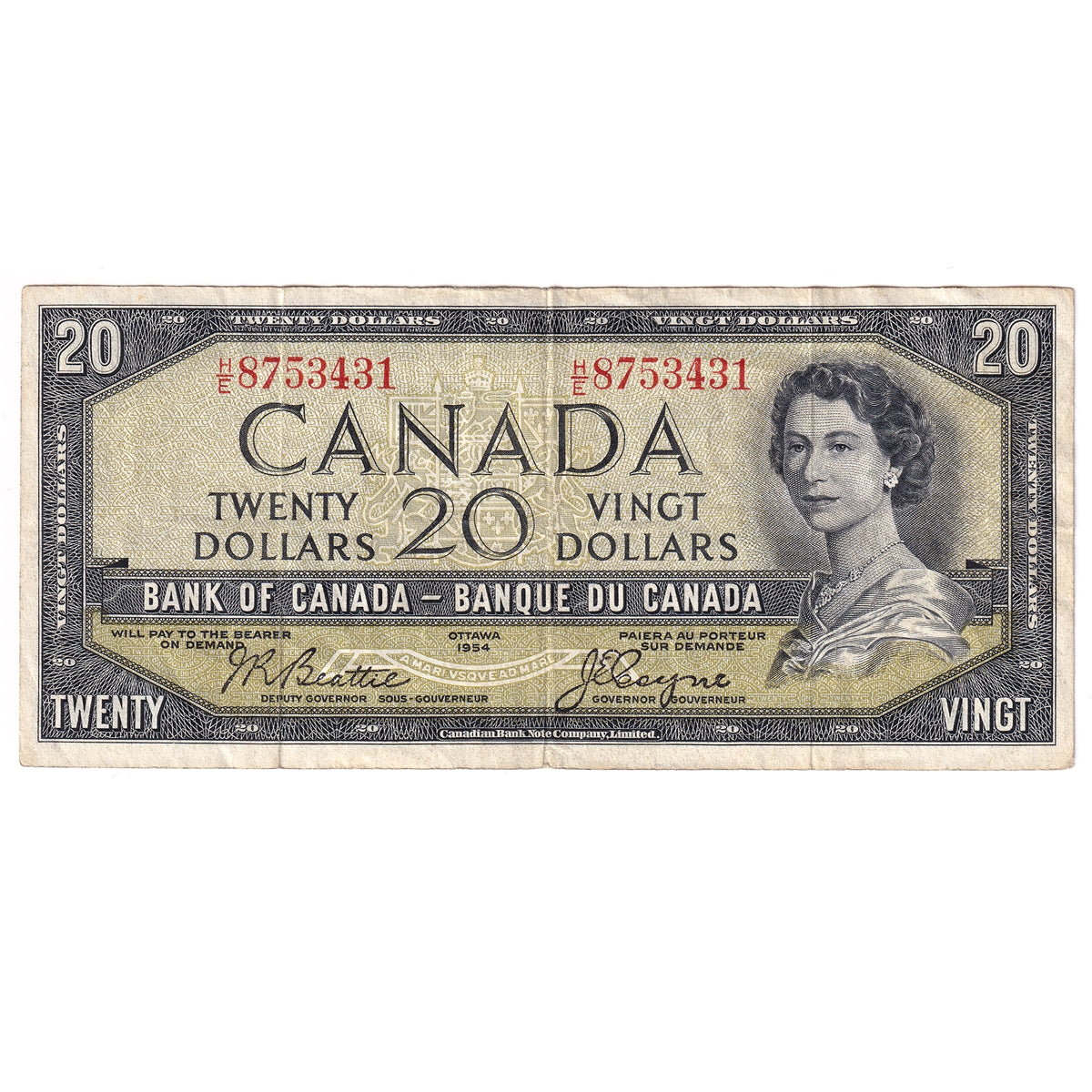 BC-41a 1954 Canada $20 Beattie-Coyne, H/E, F-VF (F15)