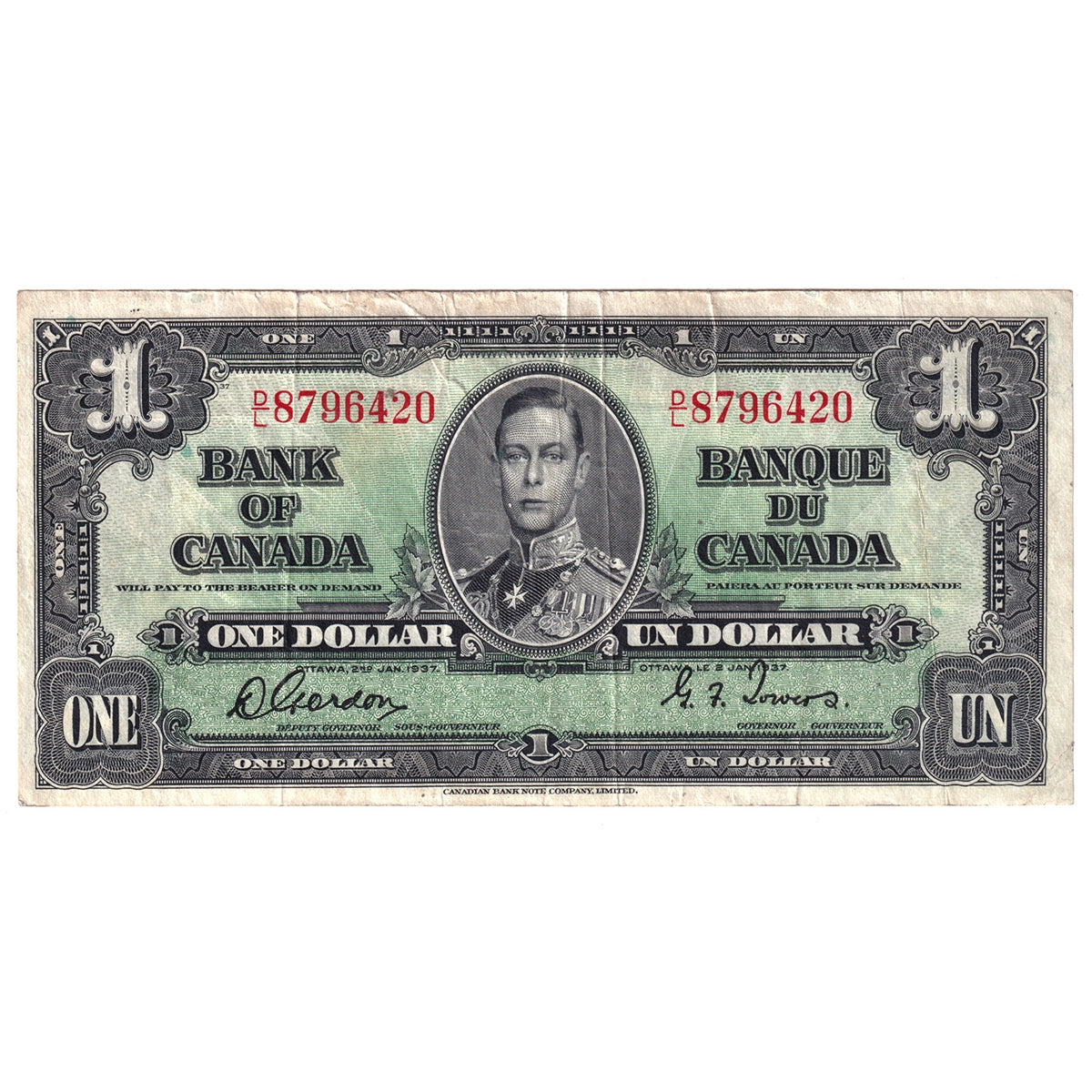 BC-21c 1937 Canada $1 Gordon-Towers, D/L, Very Fine (VF20)