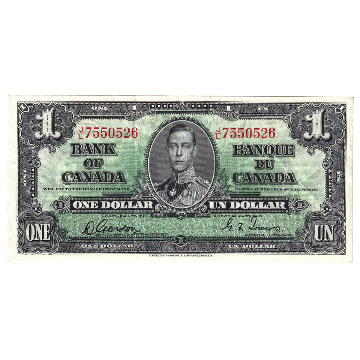 BC-21c 1937 Canada $1 Gordon-Towers, J/L, EF-AU (EF45)