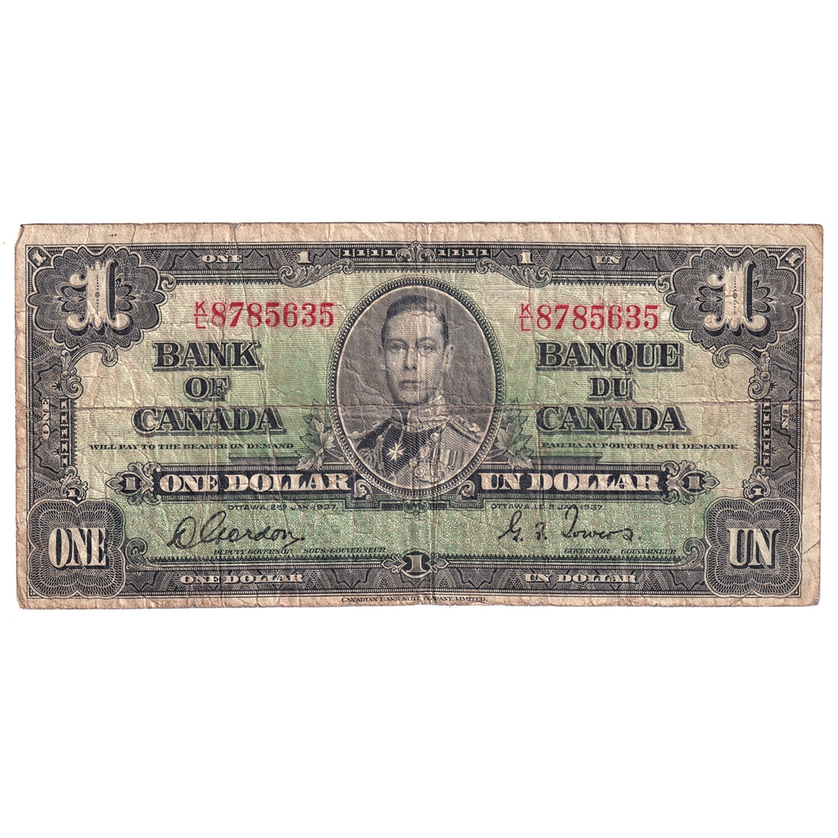 BC-21c 1937 Canada $1 Gordon-Towers, K/L, CIRC