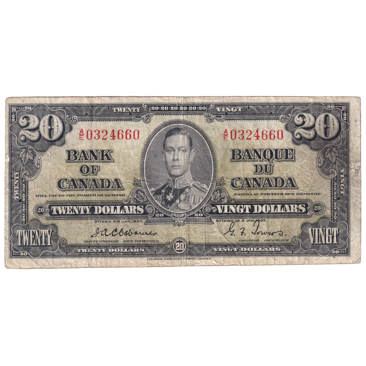 BC-25a 1937 Canada $20 Osborne-Towers, A/E, VG-F (VG10)