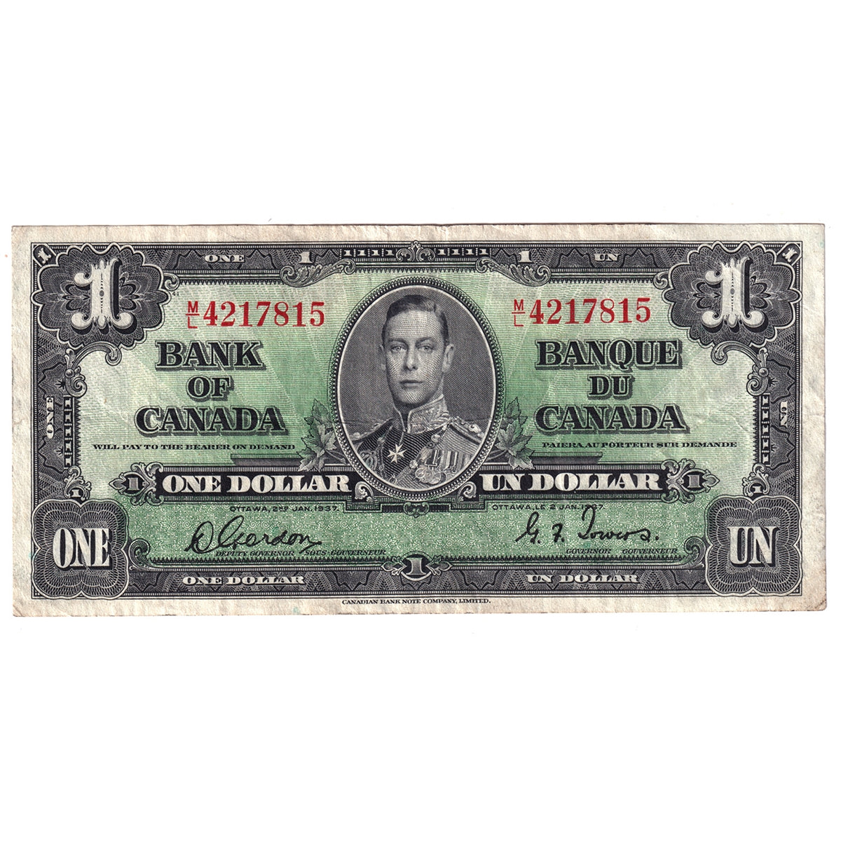 BC-21c 1937 Canada $1 Gordon-Towers, M/L, VF