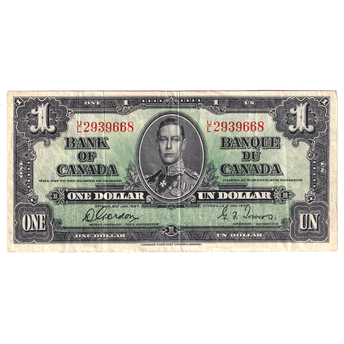 BC-21c 1937 Canada $1 Gordon-Towers, U/L, VF-EF (VF30)
