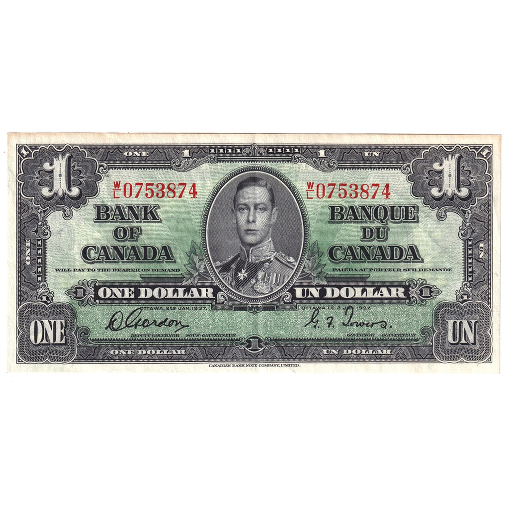 BC-21c 1937 Canada $1 Gordon-Towers, W/L, EF-AU (EF45)