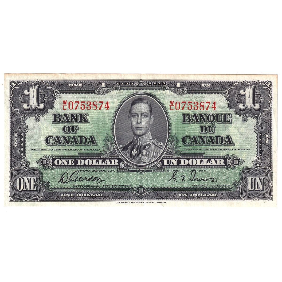 BC-21c 1937 Canada $1 Gordon-Towers, W/L, EF-AU (EF45)