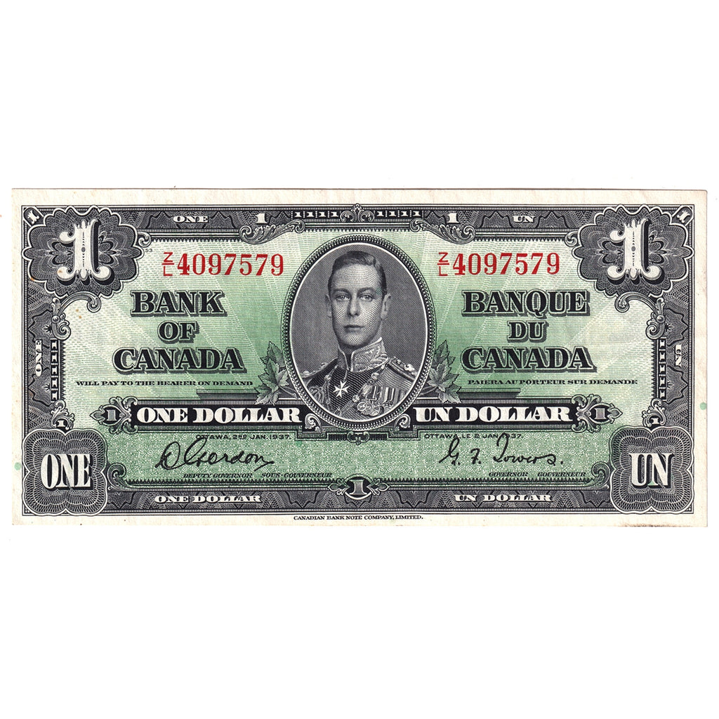BC-21c 1937 Canada $1 Gordon-Towers, Z/L, VF-EF (VF30)