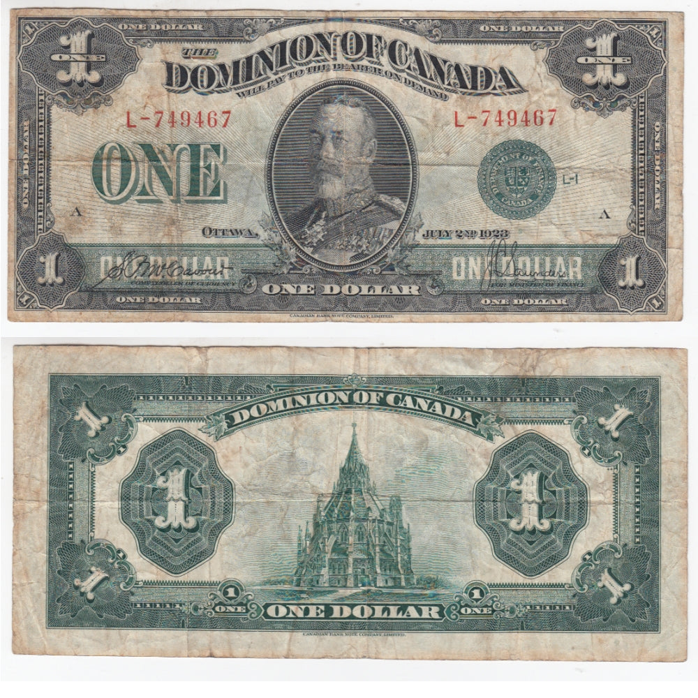 DC-25d 1923 Dominion $1 McCavour-Saunders, Green Seal, Group 1, Fine (F12)