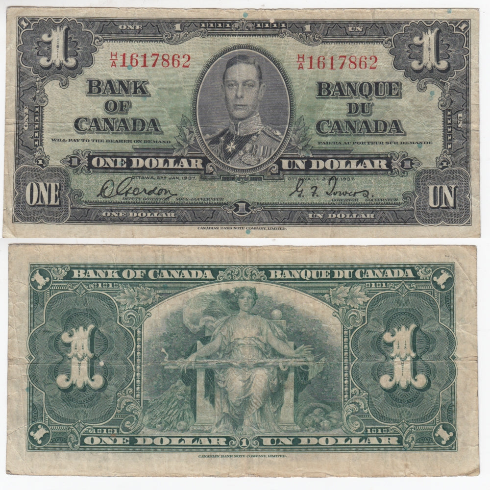 BC-21b 1937 Canada $1 Gordon-Towers, Narrow Panel, H/A, Fine (F12)