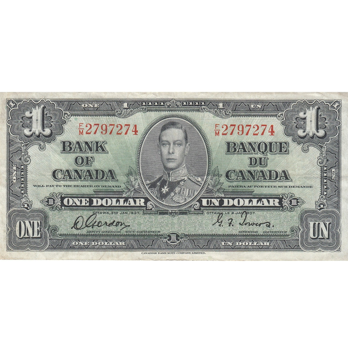 BC-21c 1937 Canada $1 Gordon-Towers, F/M, Very Fine (VF20)