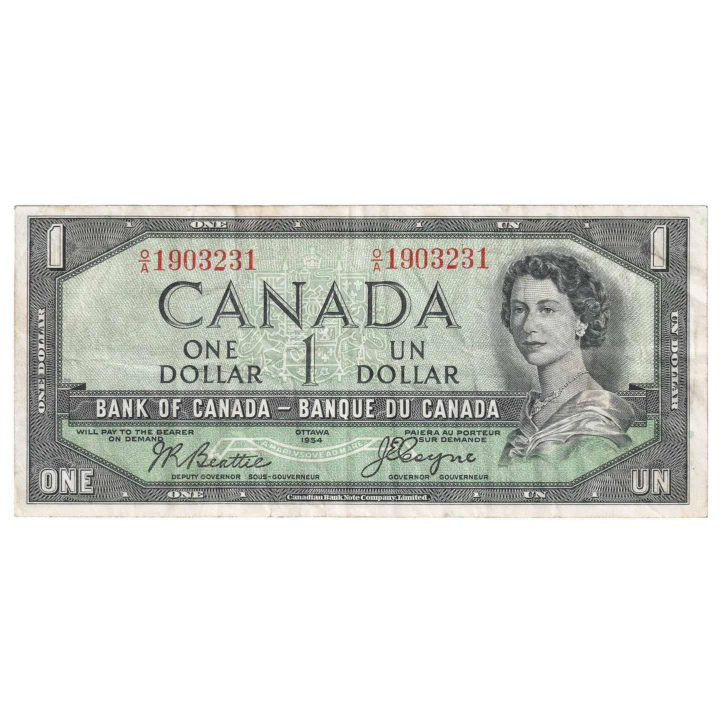 BC-29b 1954 Canada $1 Beattie-Coyne, Devil's Face, O/A, Very Fine (VF20)