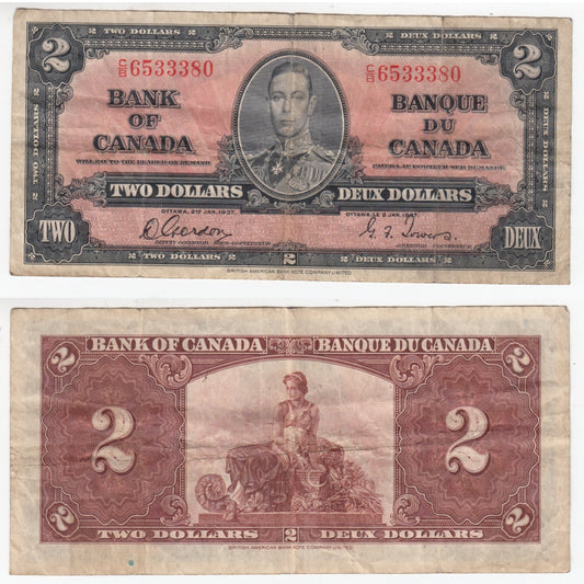 BC-22b 1937 Canada $2 Gordon-Towers, C/B, F-VF (F15)