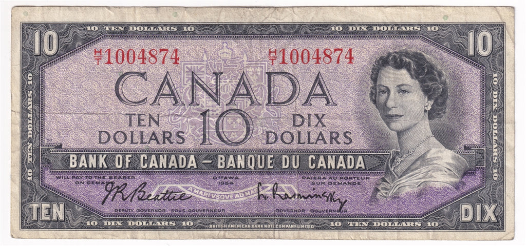 BC-40b 1954 Canada $10 Beattie-Rasminsky, H/T, F-VF (F15)