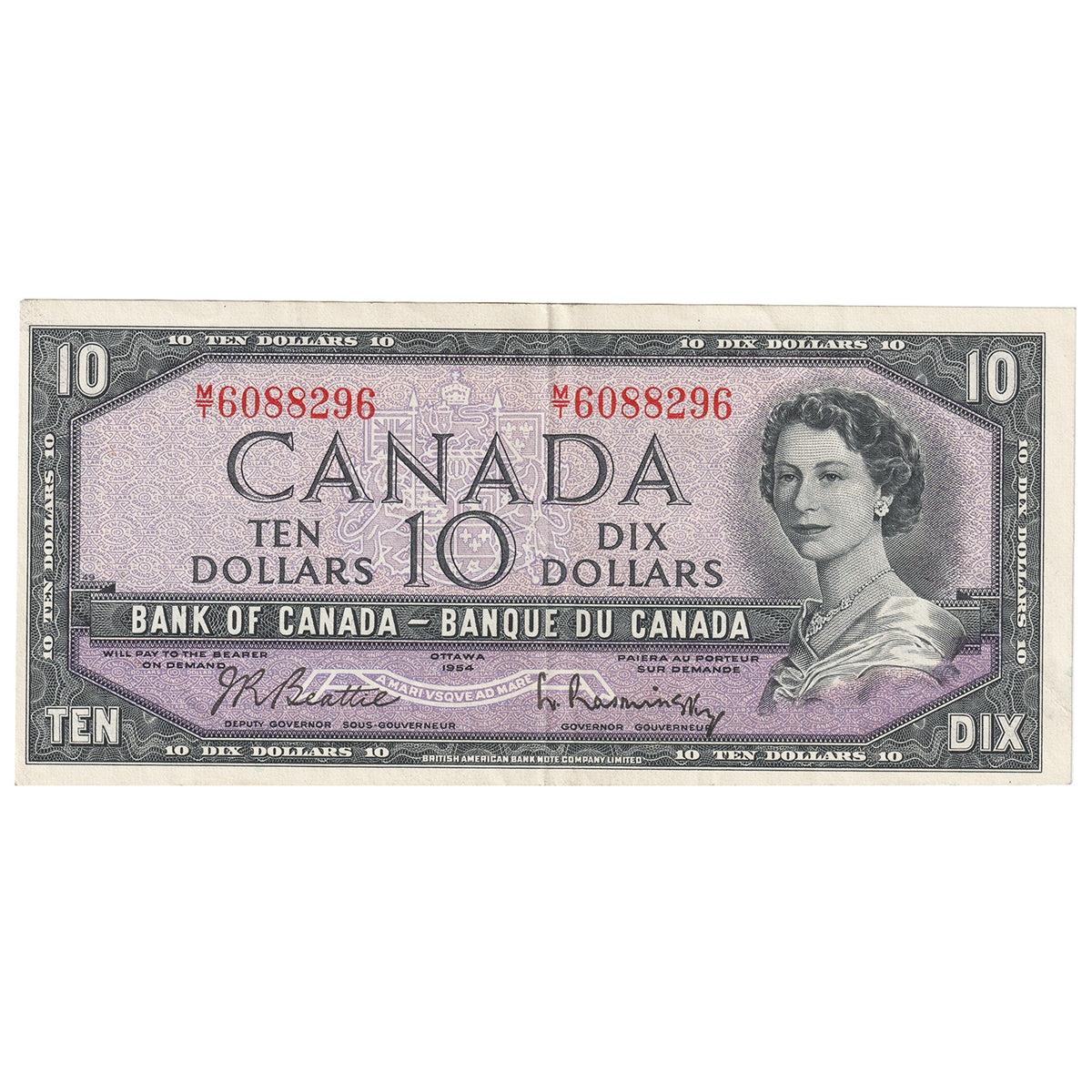 BC-40b 1954 Canada $10 Beattie-Rasminsky, M/T, Extra Fine (EF40)