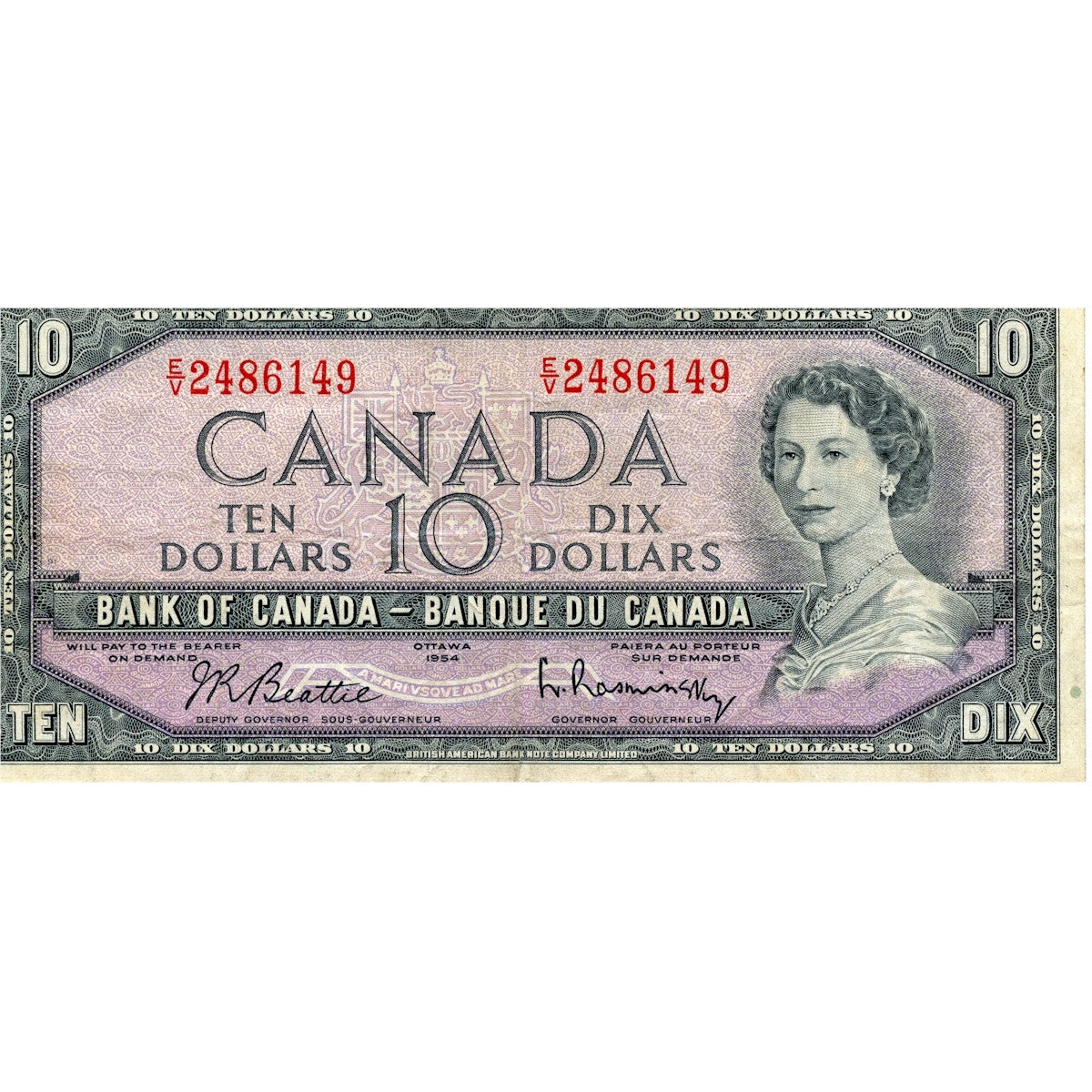 BC-40b 1954 Canada $10 Beattie-Rasminsky, E/V, Fine (F12)