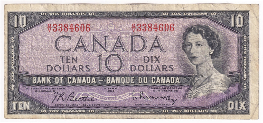 BC-40b 1954 Canada $10 Beattie-Rasminsky, O/V, Fine (F12)
